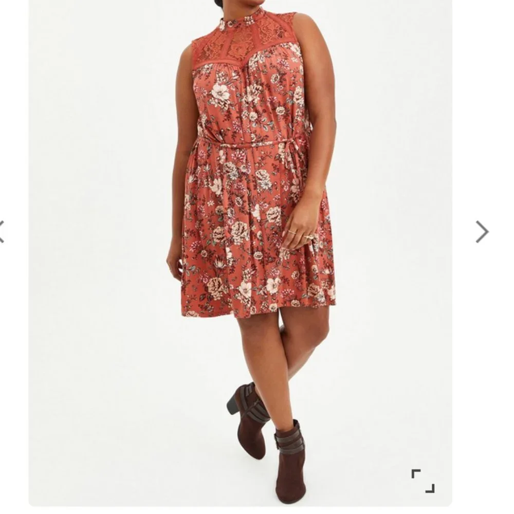 Torrid Trapeze Mini Dress - Super Soft Floral Rust - Picture 1 of 7